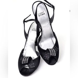 New STUART WEITZMAN satin sandal black sling back peep toe crystal bow luxury 8W